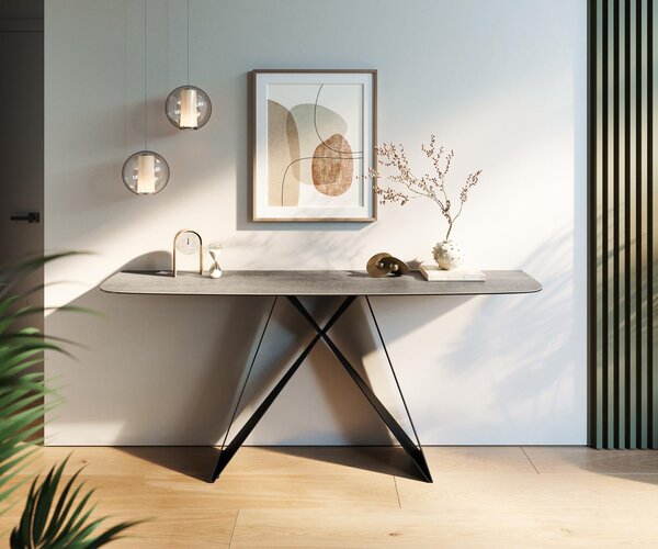 DELIFE Konzolový stolík Edge zaoblený 180×40 cm keramika betónová sivá Velio kov čierna