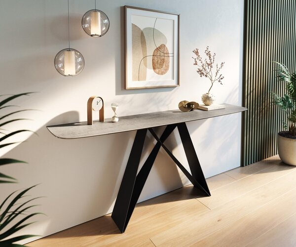 DELIFE Konzolový stolík Edge zaoblený 180×40 cm keramika betónová sivá Velio kov čierna