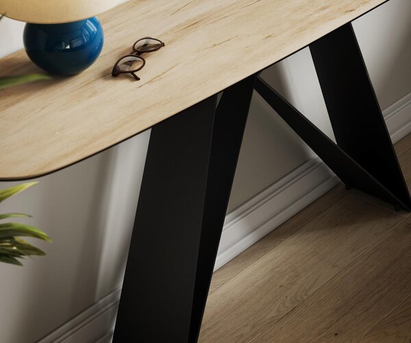 DELIFE Konzolový stolík Edge zaoblený 180×40 cm keramika Laminam® sabbia v dubovej farbe Velio kov čierna