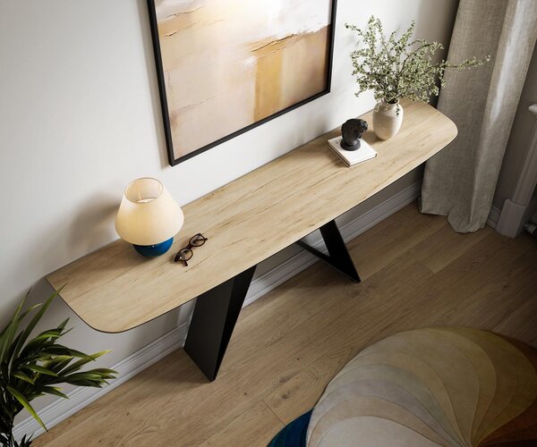 DELIFE Konzolový stolík Edge zaoblený 180×40 cm keramika Laminam® sabbia v dubovej farbe Velio kov čierna