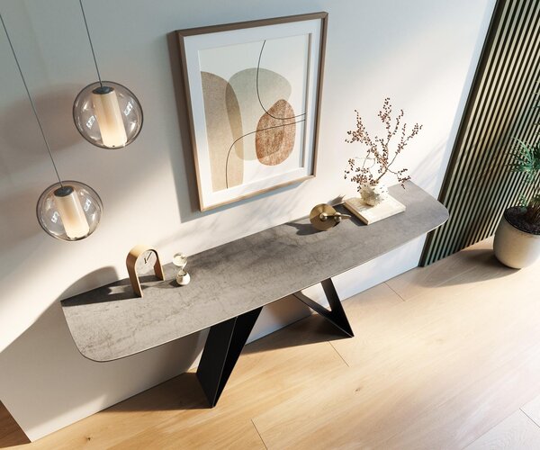 DELIFE Konzolový stolík Edge zaoblený 180×40 cm keramika betónová sivá Velio kov čierna
