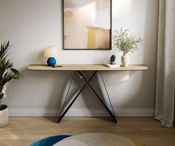 DELIFE Konzolový stolík Edge zaoblený 180×40 cm keramika Laminam® sabbia v dubovej farbe Velio kov čierna