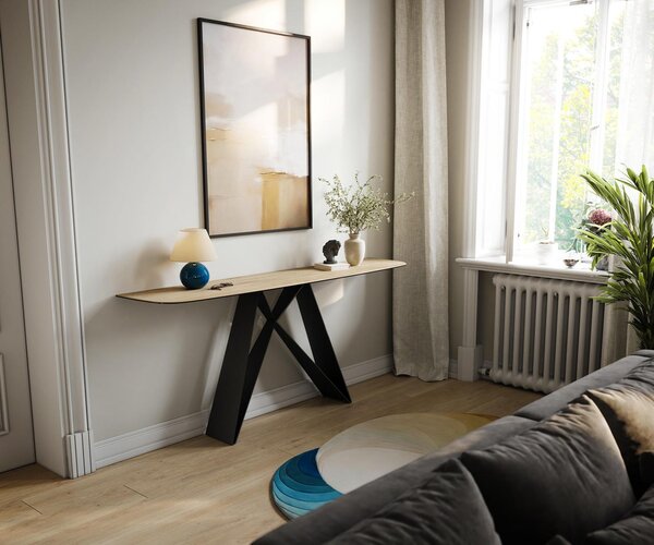 DELIFE Konzolový stolík Edge zaoblený 180×40 cm keramika Laminam® sabbia v dubovej farbe Velio kov čierna