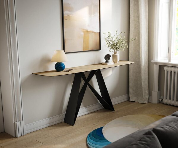 DELIFE Konzolový stolík Edge zaoblený 180×40 cm keramika Laminam® sabbia v dubovej farbe Velio kov čierna