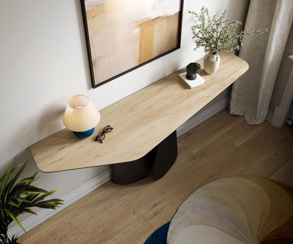 DELIFE Konzolový stolík Edge polygonálny 180×50 cm keramika Laminam® Sabbia dubová farba Livos kov čierna