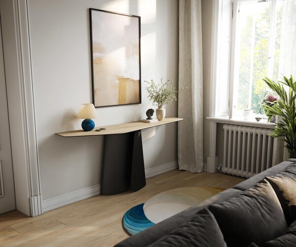 DELIFE Konzolový stolík Edge polygonálny 180×50 cm keramika Laminam® Sabbia dubová farba Livos kov čierna