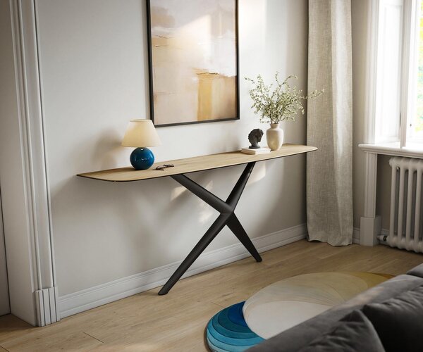 DELIFE Konzolový stolík Edge zaoblený 180×40 cm keramika Laminam® Sabbia dubová farba Estelo kov čierna