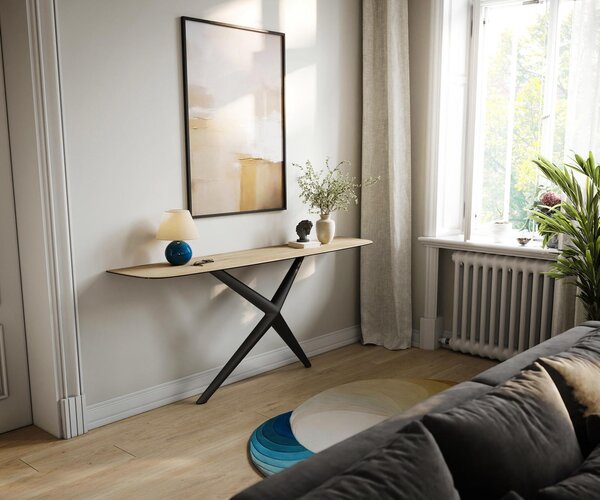 DELIFE Konzolový stolík Edge zaoblený 180×40 cm keramika Laminam® Sabbia dubová farba Estelo kov čierna