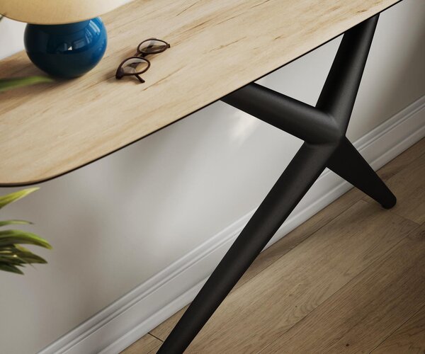 DELIFE Konzolový stolík Edge zaoblený 180×40 cm keramika Laminam® Sabbia dubová farba Estelo kov čierna