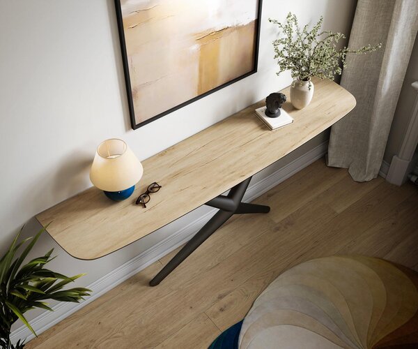 DELIFE Konzolový stolík Edge zaoblený 180×40 cm keramika Laminam® Sabbia dubová farba Estelo kov čierna