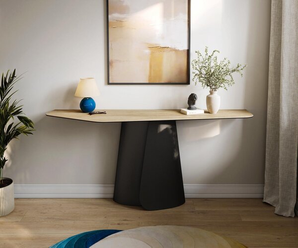 DELIFE Konzolový stolík Edge polygonálny 180×50 cm keramika Laminam® Sabbia dubová farba Livos kov čierna