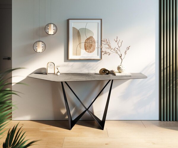 DELIFE Konzolový stolík Edge polygonálny 180×50 cm keramika betón sivá Spios kov čierna