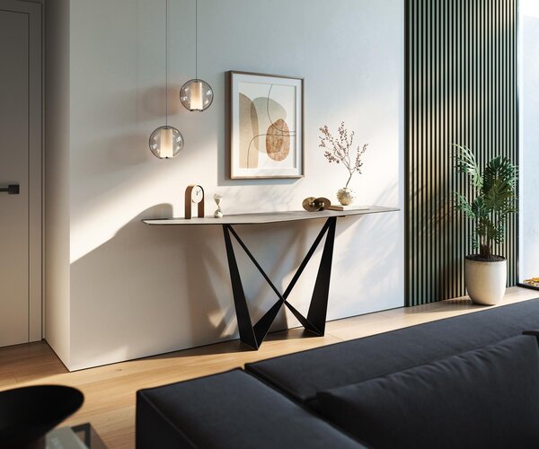 DELIFE Konzolový stolík Edge polygonálny 180×50 cm keramika betón sivá Spios kov čierna