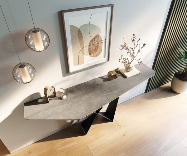 DELIFE Konzolový stolík Edge polygonálny 180×50 cm keramika betón sivá Spios kov čierna