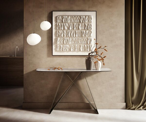 DELIFE Konzolový stolík Edge zaoblený tvar 140×40 cm keramika Onyx Pearl Velio kov titánová farba