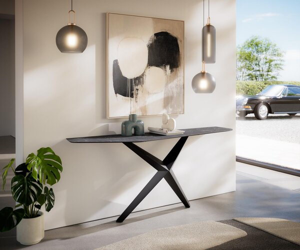 DELIFE Konzolový stolík Edge polygonálny 180×50 cm keramika Laminam® Nero Greco antracitová Zentharo kov čierna