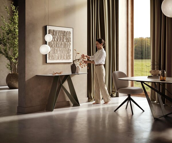 DELIFE Konzolový stolík Edge zaoblený tvar 140×40 cm keramika Onyx Pearl Velio kov titánová farba