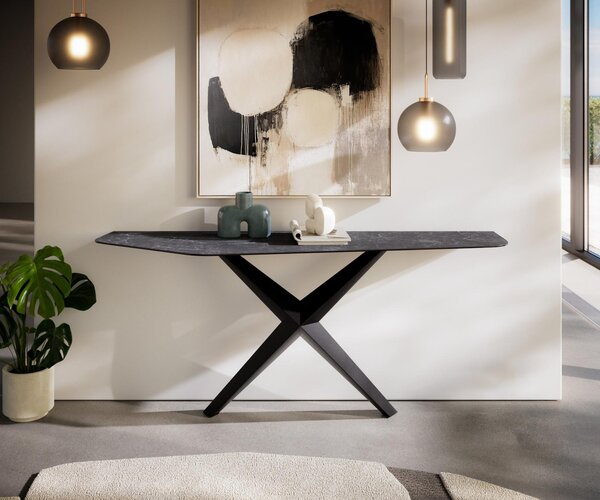 DELIFE Konzolový stolík Edge polygonálny 180×50 cm keramika Laminam® Nero Greco antracitová Zentharo kov čierna
