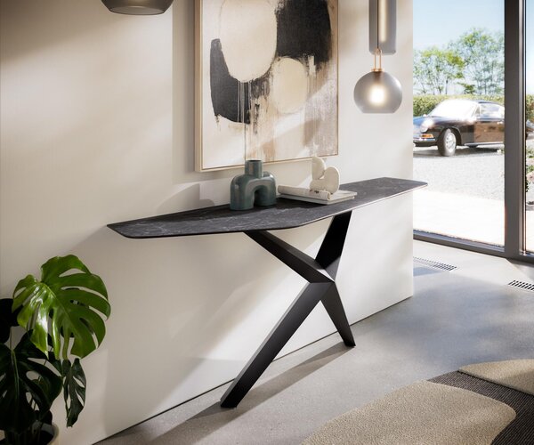 DELIFE Konzolový stolík Edge polygonálny 180×50 cm keramika Laminam® Nero Greco antracitová Zentharo kov čierna