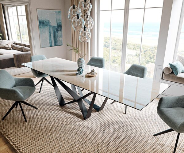 DELIFE Jedálenský stôl Edge 200-300×100 cm keramika onyx šampanské pavúk plochá oceľ čierna rozkladací