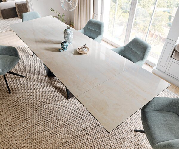 DELIFE Jedálenský stôl Edge 200-300×100 cm keramika onyx šampanské pavúk plochá oceľ čierna rozkladací