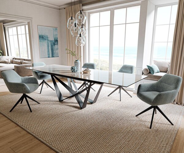 DELIFE Jedálenský stôl Edge 200-300×100 cm keramika onyx šampanské pavúk plochá oceľ čierna rozkladací