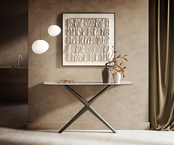 DELIFE Konzolový stolík Edge zaoblený 140×40 cm keramika onyx perla Estelo kov titánová farba
