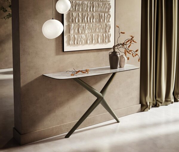 DELIFE Konzolový stolík Edge zaoblený 140×40 cm keramika onyx perla Estelo kov titánová farba