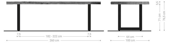 DELIFE Jedálenský stôl Edge 260×100 XL akácia platinová nerezová oceľ široký Live-Edge