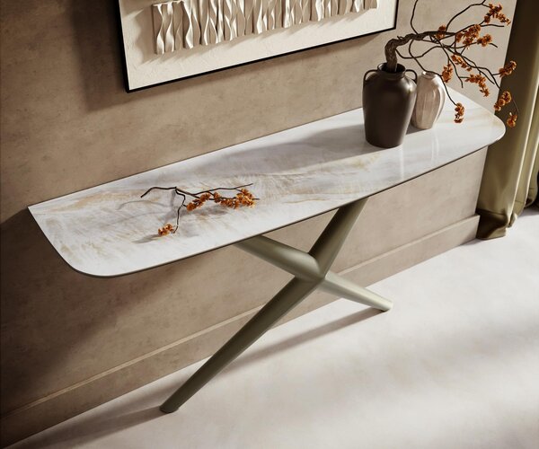 DELIFE Konzolový stolík Edge zaoblený 140×40 cm keramika onyx perla Estelo kov titánová farba