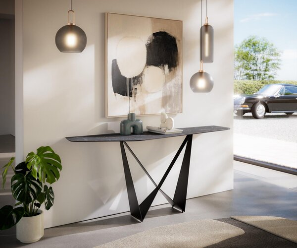 DELIFE Konzolový stolík Edge polygonálny 180×50 cm keramika Laminam® Nero Greco antracitová Spios kov čierna