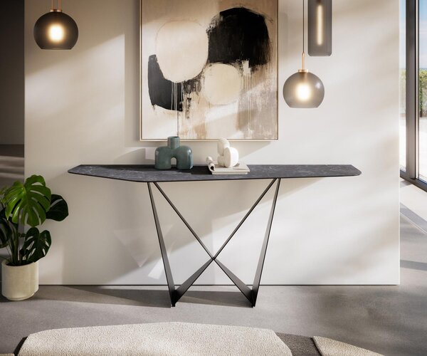 DELIFE Konzolový stolík Edge polygonálny 180×50 cm keramika Laminam® Nero Greco antracitová Spios kov čierna