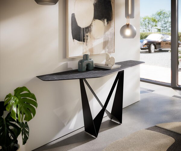 DELIFE Konzolový stolík Edge polygonálny 180×50 cm keramika Laminam® Nero Greco antracitová Spios kov čierna