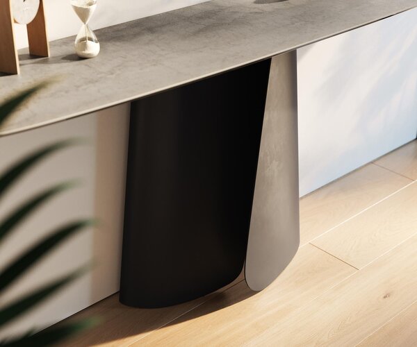 DELIFE Konzolový stolík Edge zaoblený tvar 180×40 cm keramika betón sivá Livos kov čierna
