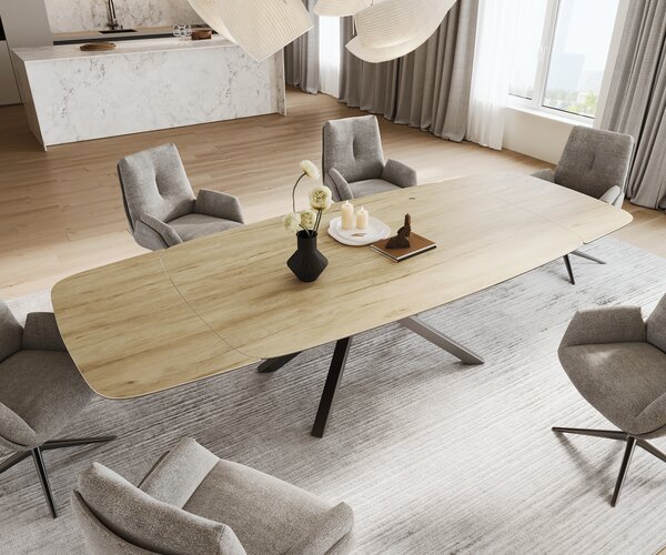 DELIFE Jedálenský stôl Edge zaoblený 200-300×120 cm keramika Laminam® sabbia dubová krížová podstava hranatý nerezová oceľ grafit rozkladací
