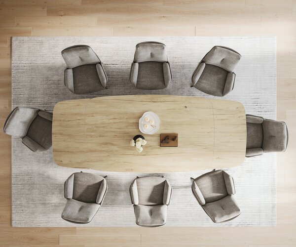 DELIFE Jedálenský stôl Edge zaoblený 200-300×120 cm keramika Laminam® sabbia dubová krížová podstava hranatý nerezová oceľ grafit rozkladací