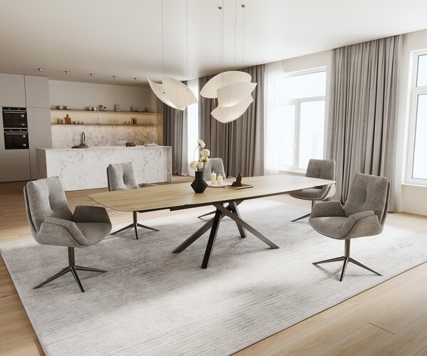 DELIFE Jedálenský stôl Edge zaoblený 200-300×120 cm keramika Laminam® sabbia dubová krížová podstava hranatý nerezová oceľ grafit rozkladací