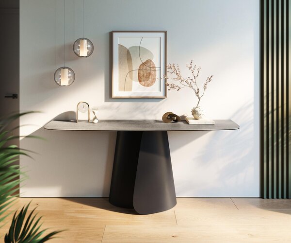 DELIFE Konzolový stolík Edge zaoblený tvar 180×40 cm keramika betón sivá Livos kov čierna