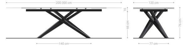 DELIFE Jedálenský stôl Edge zaoblený 200-300×120 cm keramika Laminam® sabbia dubová krížová podstava hranatý nerezová oceľ grafit rozkladací