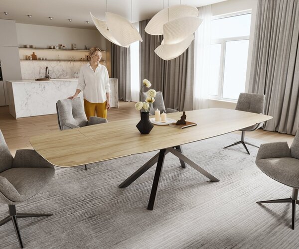 DELIFE Jedálenský stôl Edge zaoblený 200-300×120 cm keramika Laminam® sabbia dubová krížová podstava hranatý nerezová oceľ grafit rozkladací
