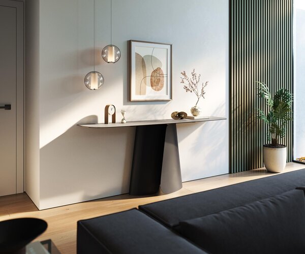 DELIFE Konzolový stolík Edge zaoblený tvar 180×40 cm keramika betón sivá Livos kov čierna