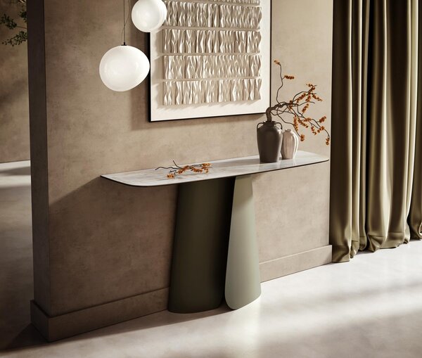 DELIFE Konzolový stolík Edge zaoblený tvar 140×40 cm keramika onyx perla Livos kov titánová farba
