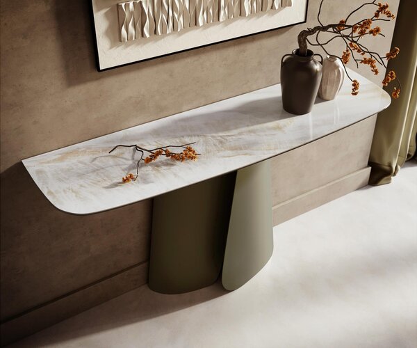 DELIFE Konzolový stolík Edge zaoblený tvar 140×40 cm keramika onyx perla Livos kov titánová farba
