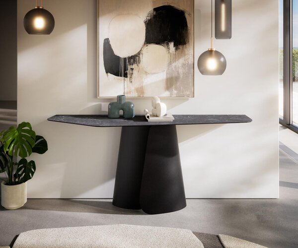 DELIFE Konzolový stolík Edge polygonálny 180×50 cm keramika Laminam® Nero Greco antracitová Livos kov čierna