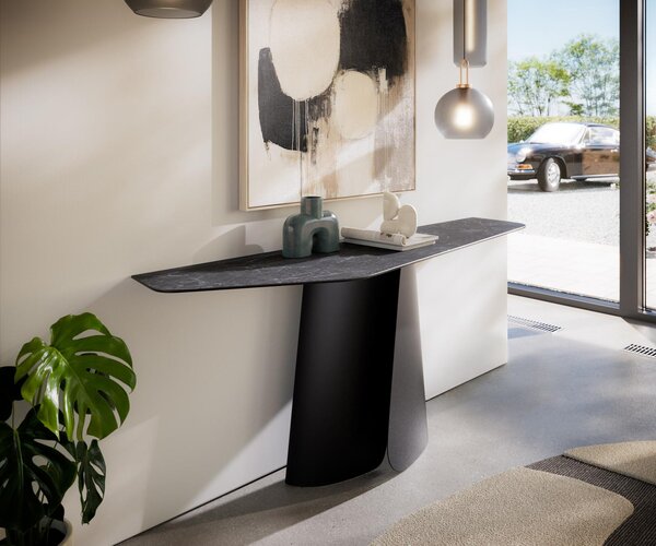 DELIFE Konzolový stolík Edge polygonálny 180×50 cm keramika Laminam® Nero Greco antracitová Livos kov čierna