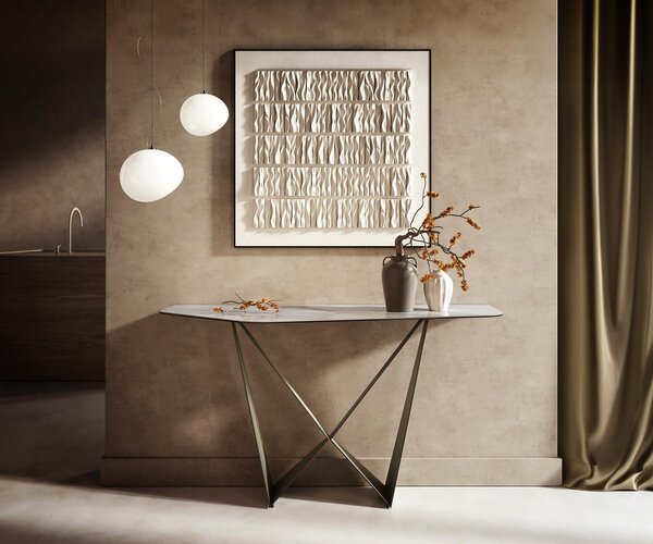 DELIFE Konzolový stolík Edge polygonálny 140×50 cm keramika onyx perla Spios kov titánová farba