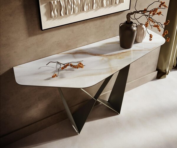 DELIFE Konzolový stolík Edge polygonálny 140×50 cm keramika onyx perla Spios kov titánová farba