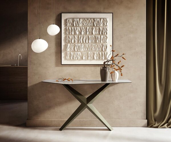 DELIFE Konzolový stolík Edge polygonálny 140×50 cm keramika onyx perla Zentharo kov titánová farba