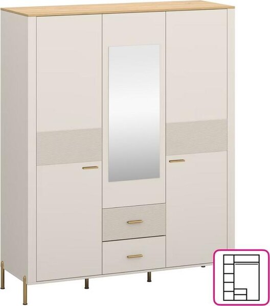 Kondela Trojdverová šatníková skriňa so zrkadlom Runol 3D2S - kašmír / dub kamenný
