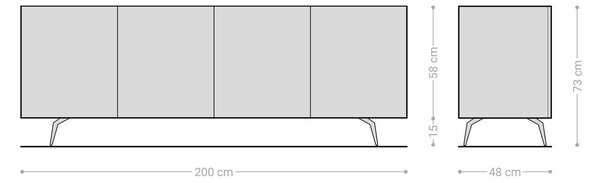 DELIFE Komoda Ashara 200 cm dub prírodná 3D efekt 4 dvierka podstava v tvare L nerezová oceľ kefovaná